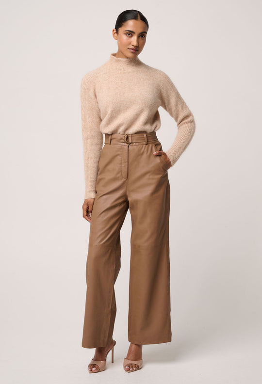 OnceWas Halston Genuine Leather Belted Straight Leg Pant in Husk