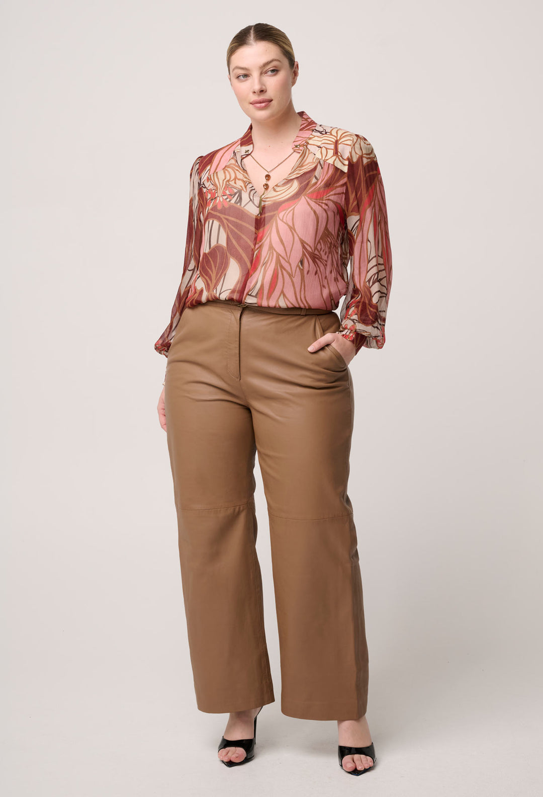 OnceWas Halston Genuine Leather Belted Straight Leg Pant in Husk