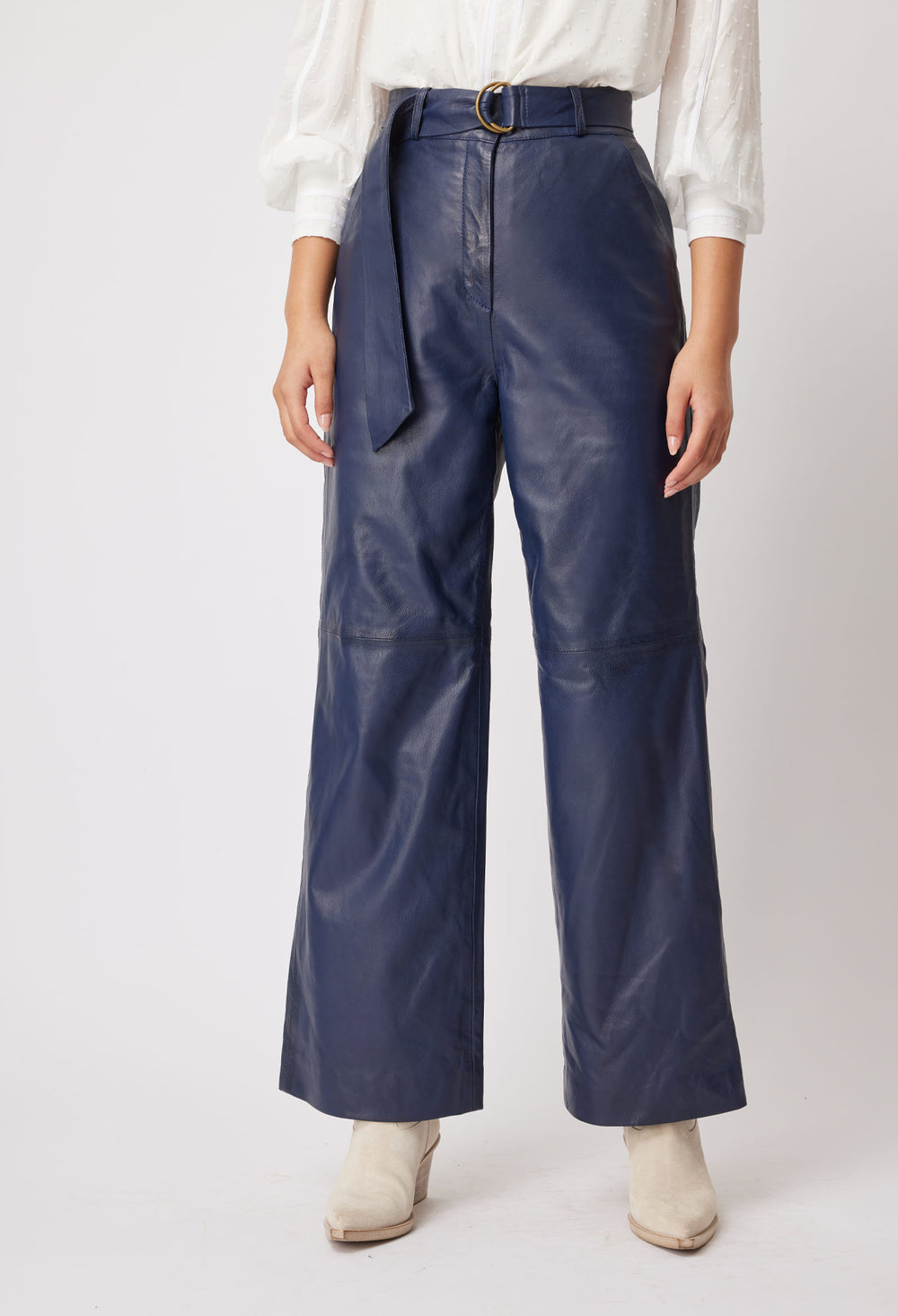 OnceWas Halston Leather Pant in Navy