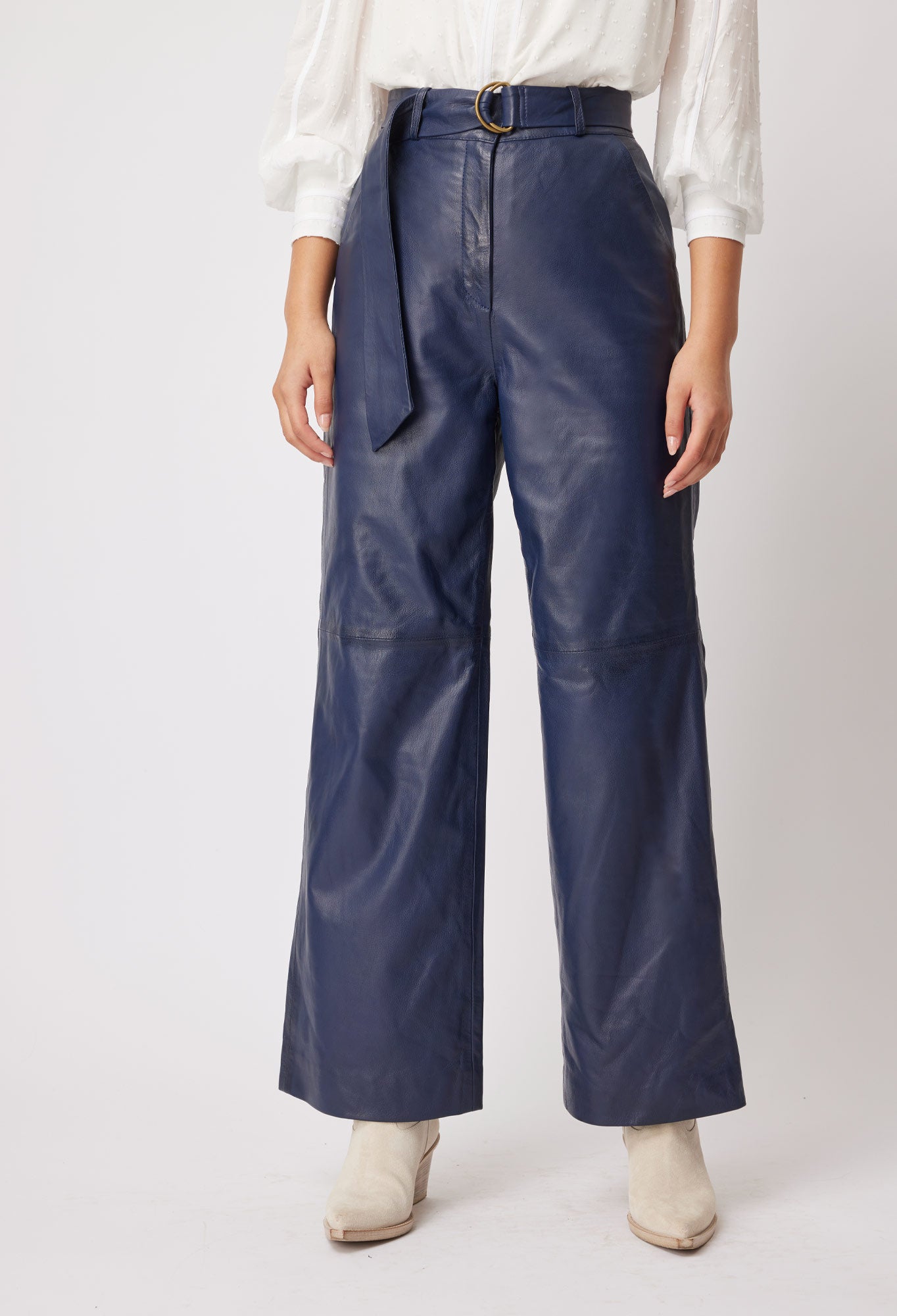 OnceWas Halston Leather Pant in Navy