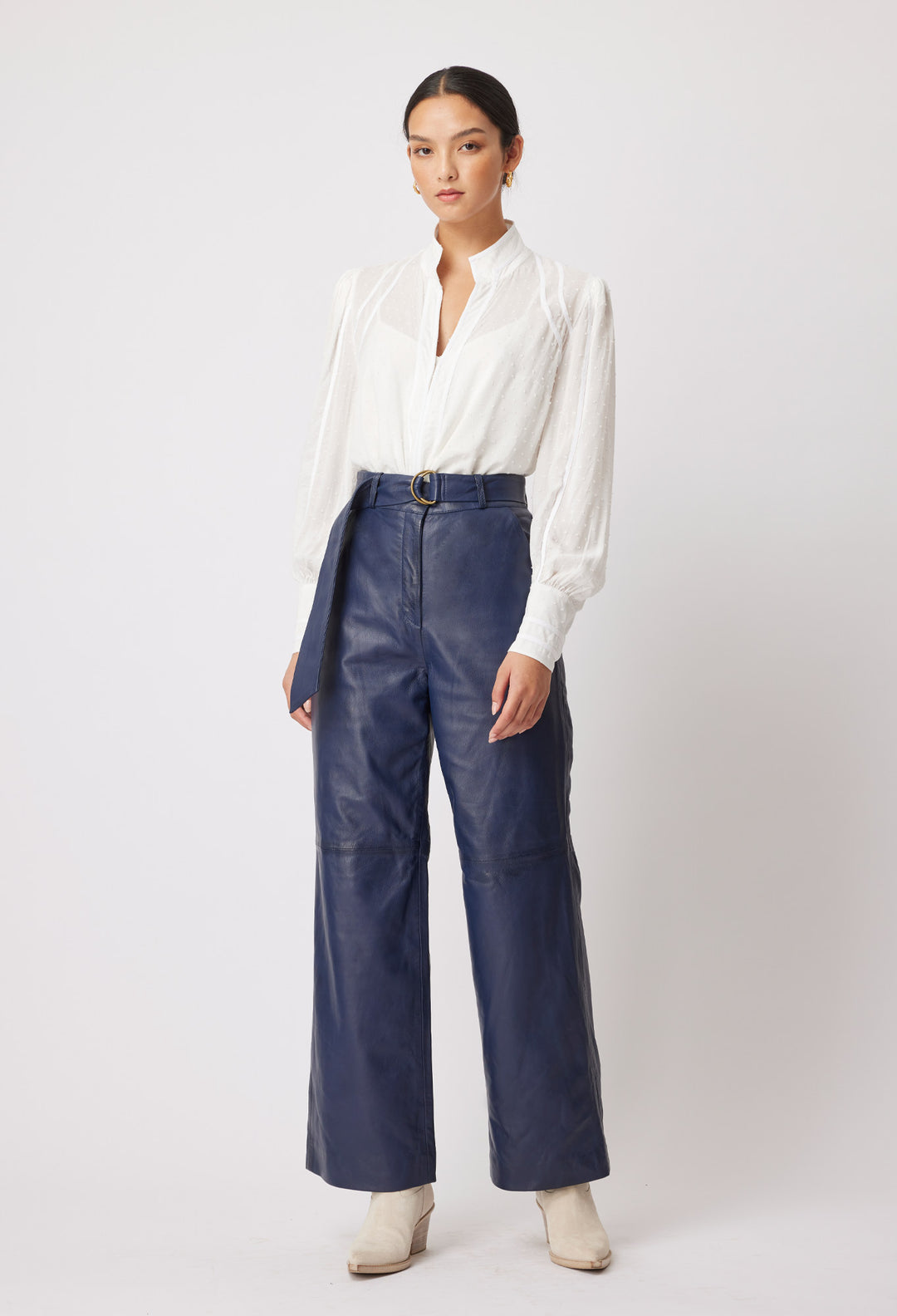 OnceWas Halston Leather Pant in Navy