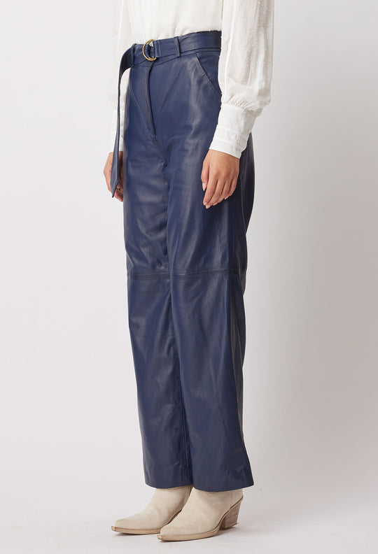 OnceWas Halston Leather Pant in Navy