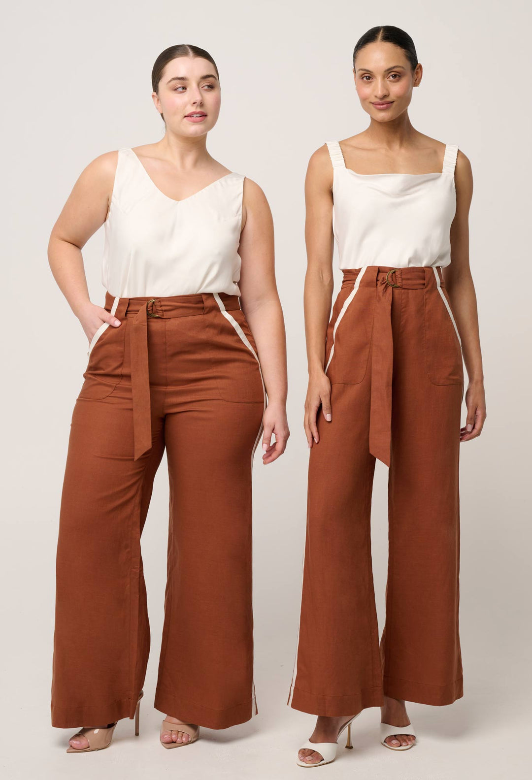 Grace Tencel Linen Contrast Bind Pant in Caramel