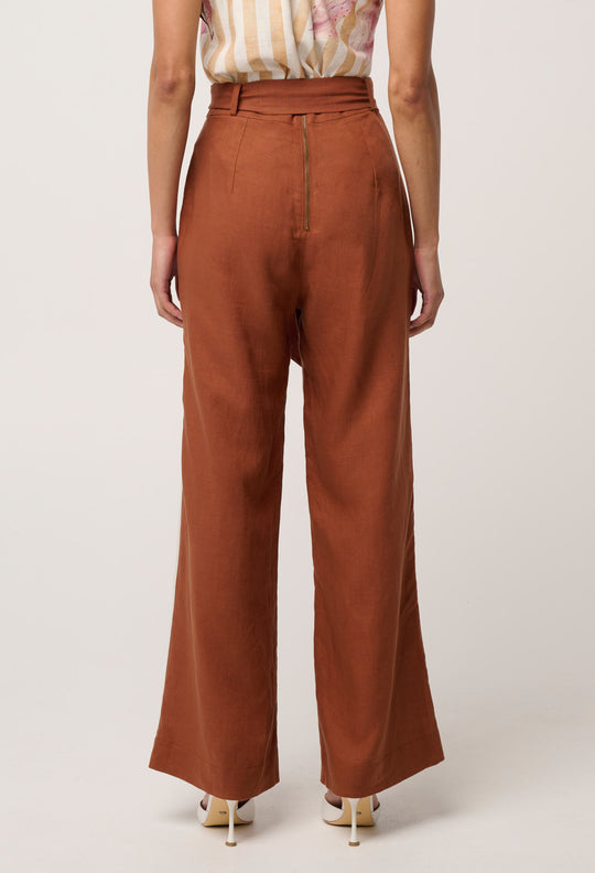 Grace Tencel Linen Contrast Bind Pant in Caramel