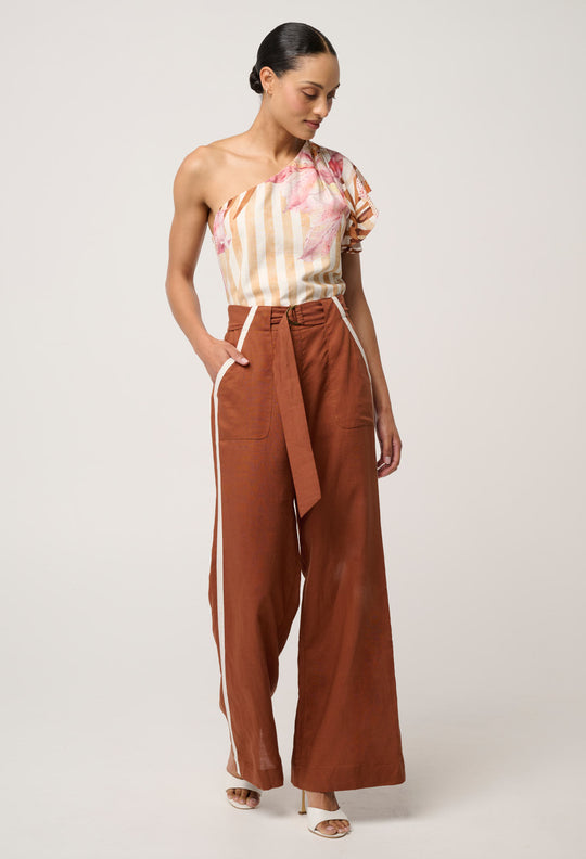 Grace Tencel Linen Contrast Bind Pant in Caramel