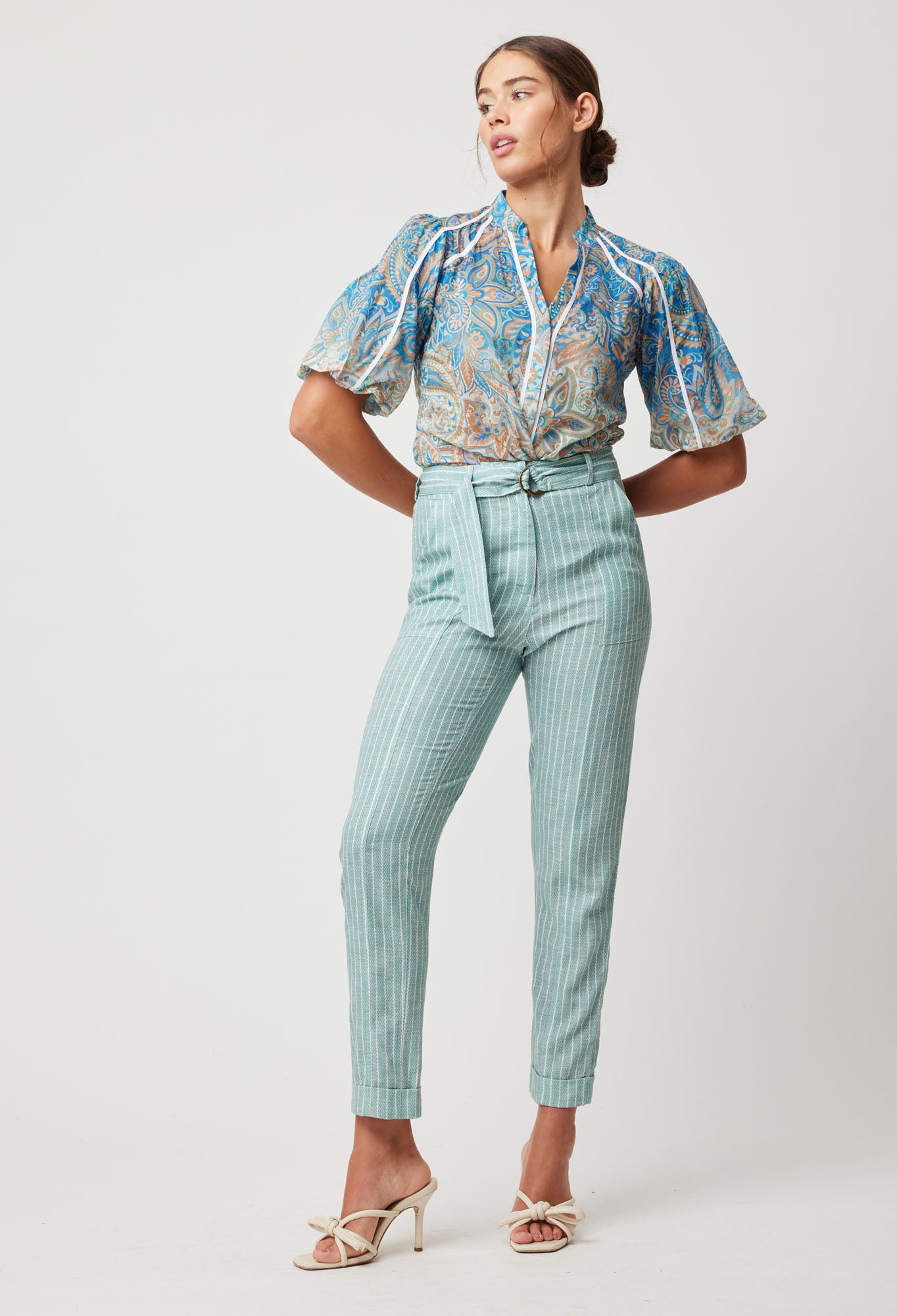 OnceWas Transit Linen Viscose Pant in Capri Stripe