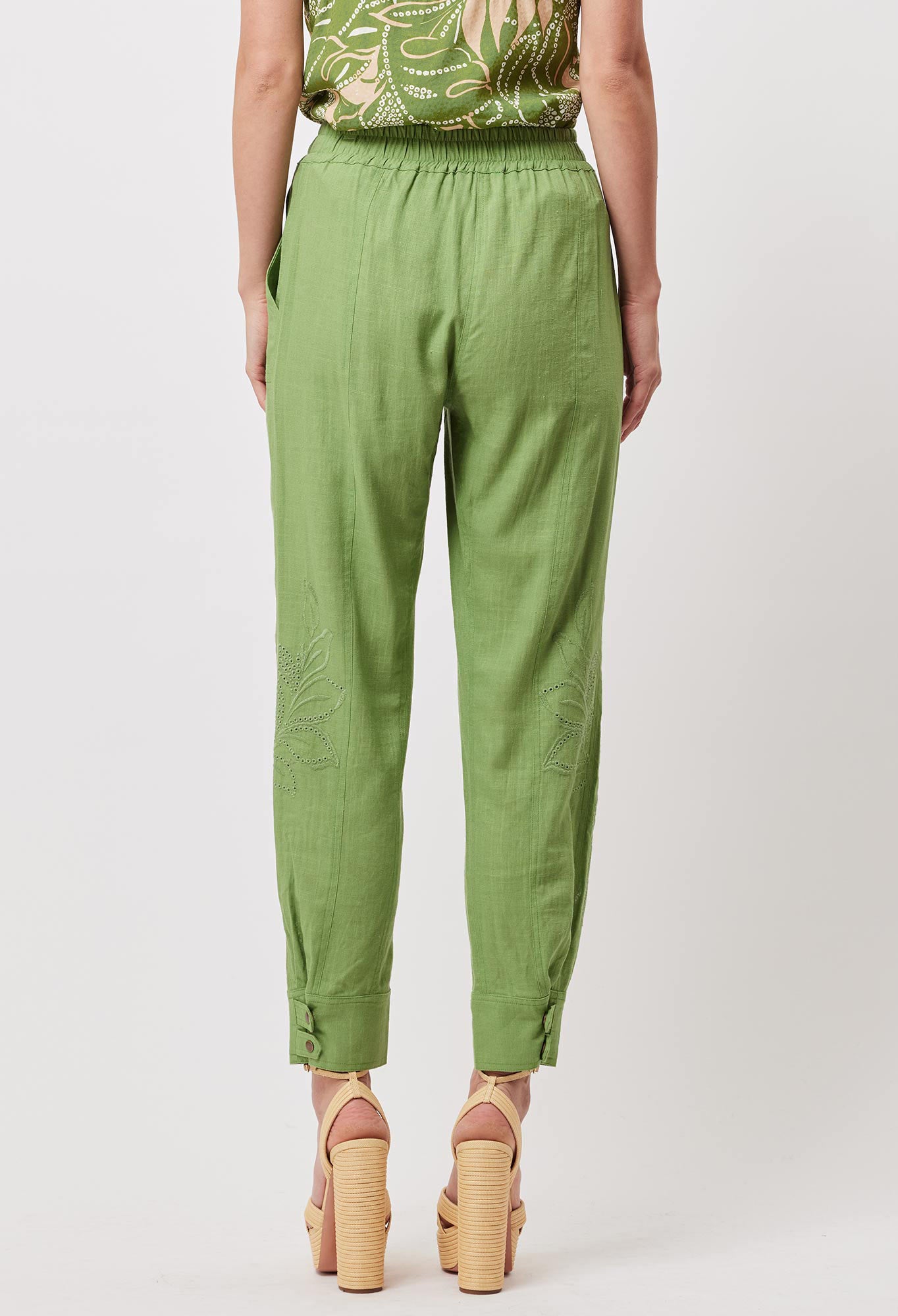 OnceWas Tulum Embroidered Linen Viscose Jogger in Palm