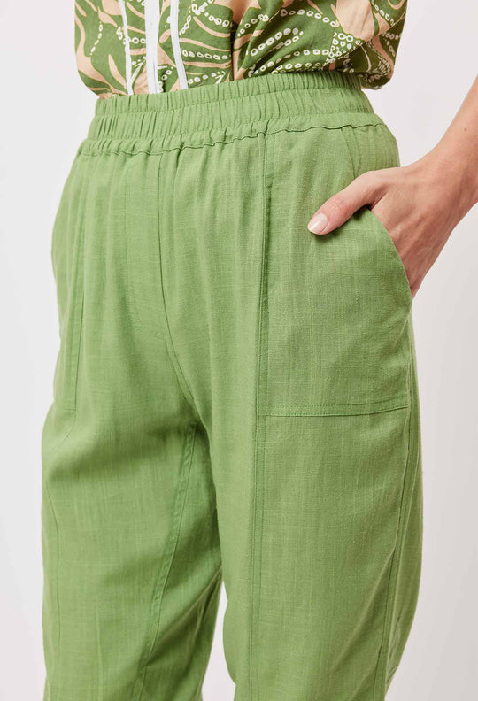 OnceWas Tulum Embroidered Linen Viscose Jogger in Palm