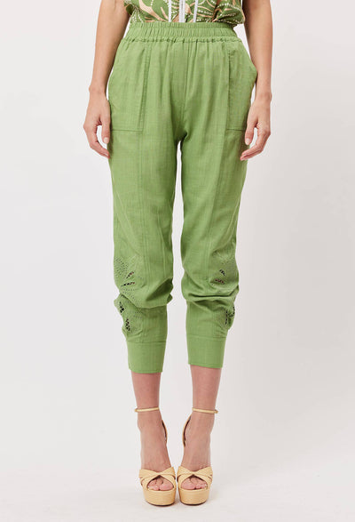 OnceWas Tulum Embroidered Linen Viscose Jogger in Palm