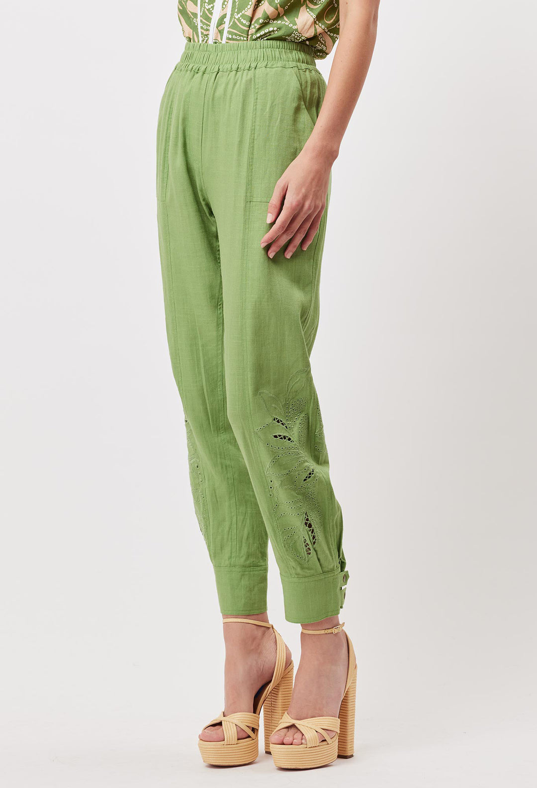 OnceWas Tulum Embroidered Linen Viscose Jogger in Palm