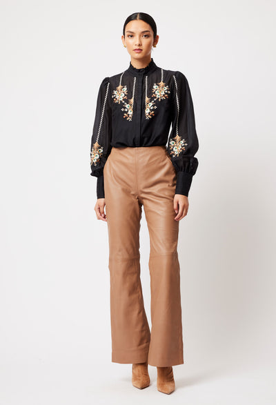 OnceWas Florence Cotton Silk Embroidered Shirt in Black