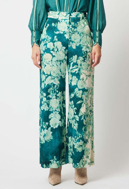 OnceWas Dynasty Linen Viscose Pant in Jade Floral