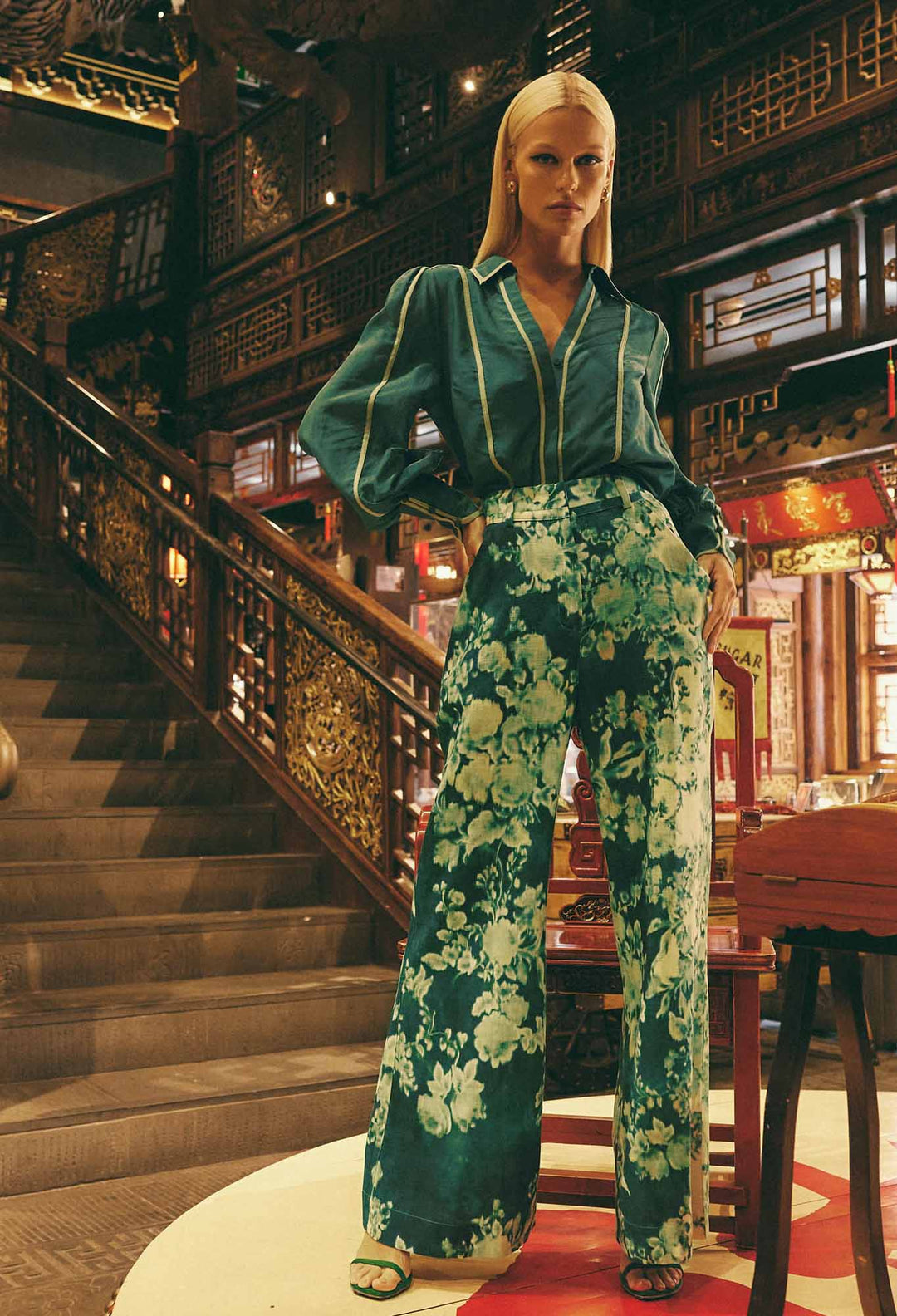 OnceWas Dynasty Linen Viscose Pant in Jade Floral