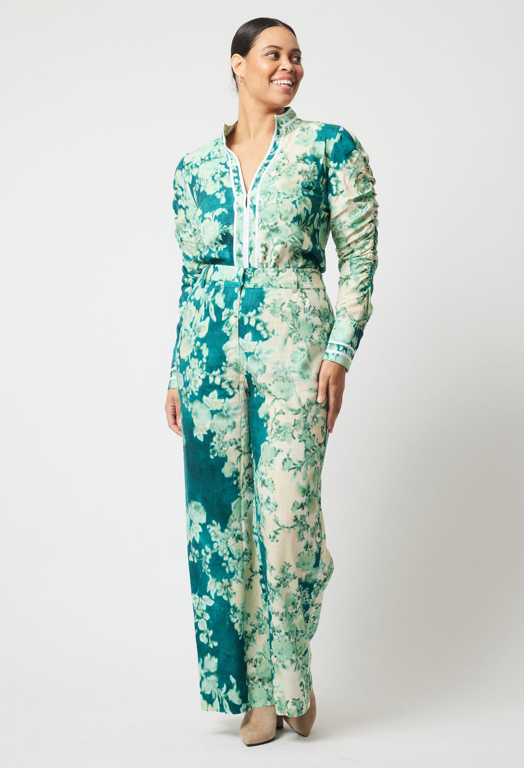 OnceWas Dynasty Linen Viscose Pant in Jade Floral