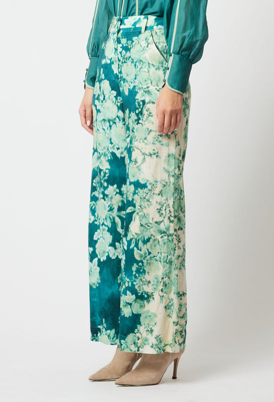 OnceWas Dynasty Linen Viscose Pant in Jade Floral