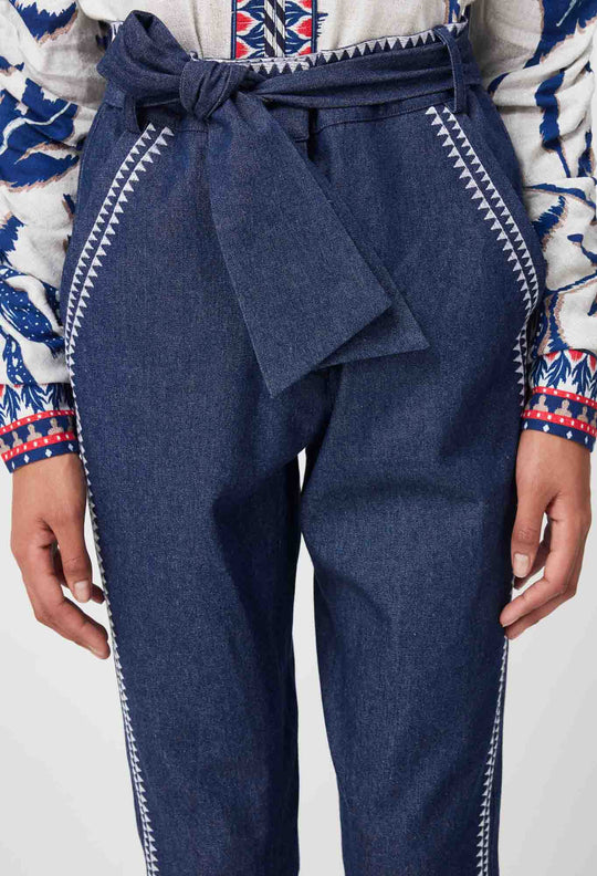 OnceWas Delray Embroidered Cotton Denim Pant in Dark Denim