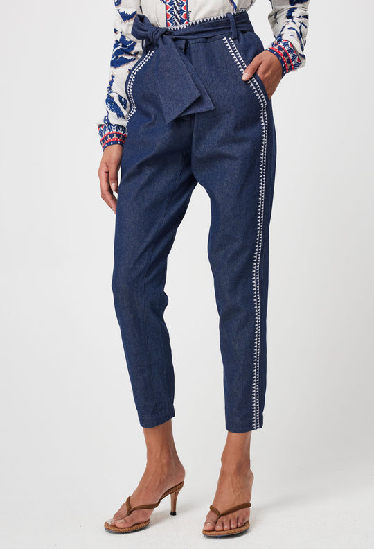 OnceWas Delray Embroidered Cotton Denim Pant in Dark Denim