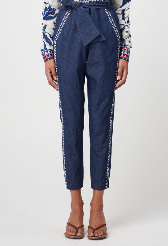 OnceWas Delray Embroidered Cotton Denim Pant in Dark Denim