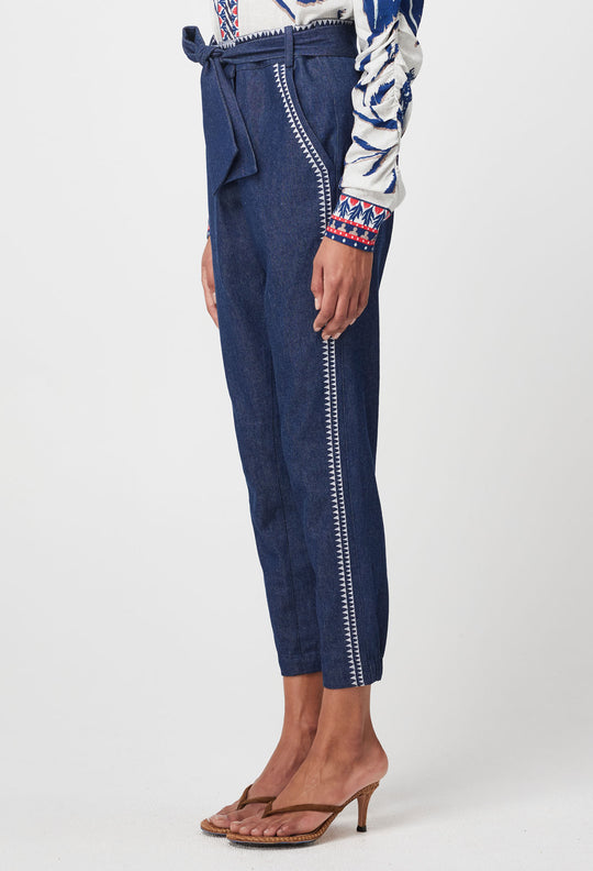 OnceWas Delray Embroidered Cotton Denim Pant in Dark Denim