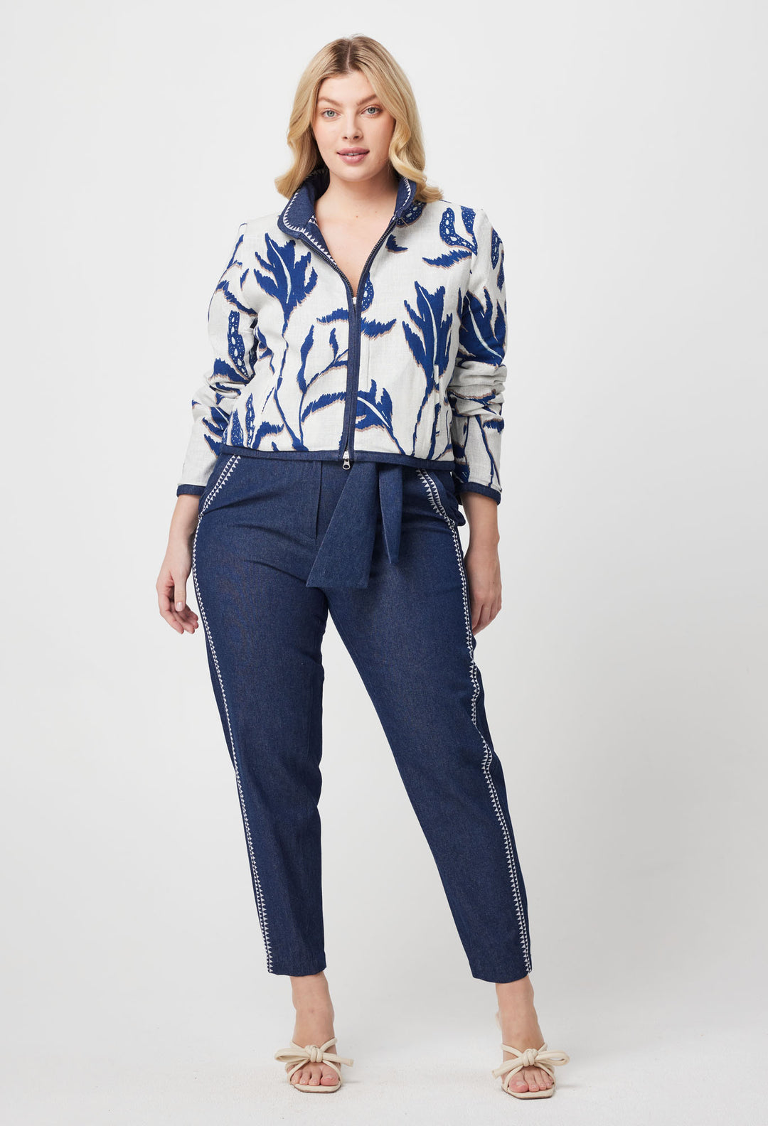 OnceWas Delray Embroidered Cotton Denim Pant in Dark Denim