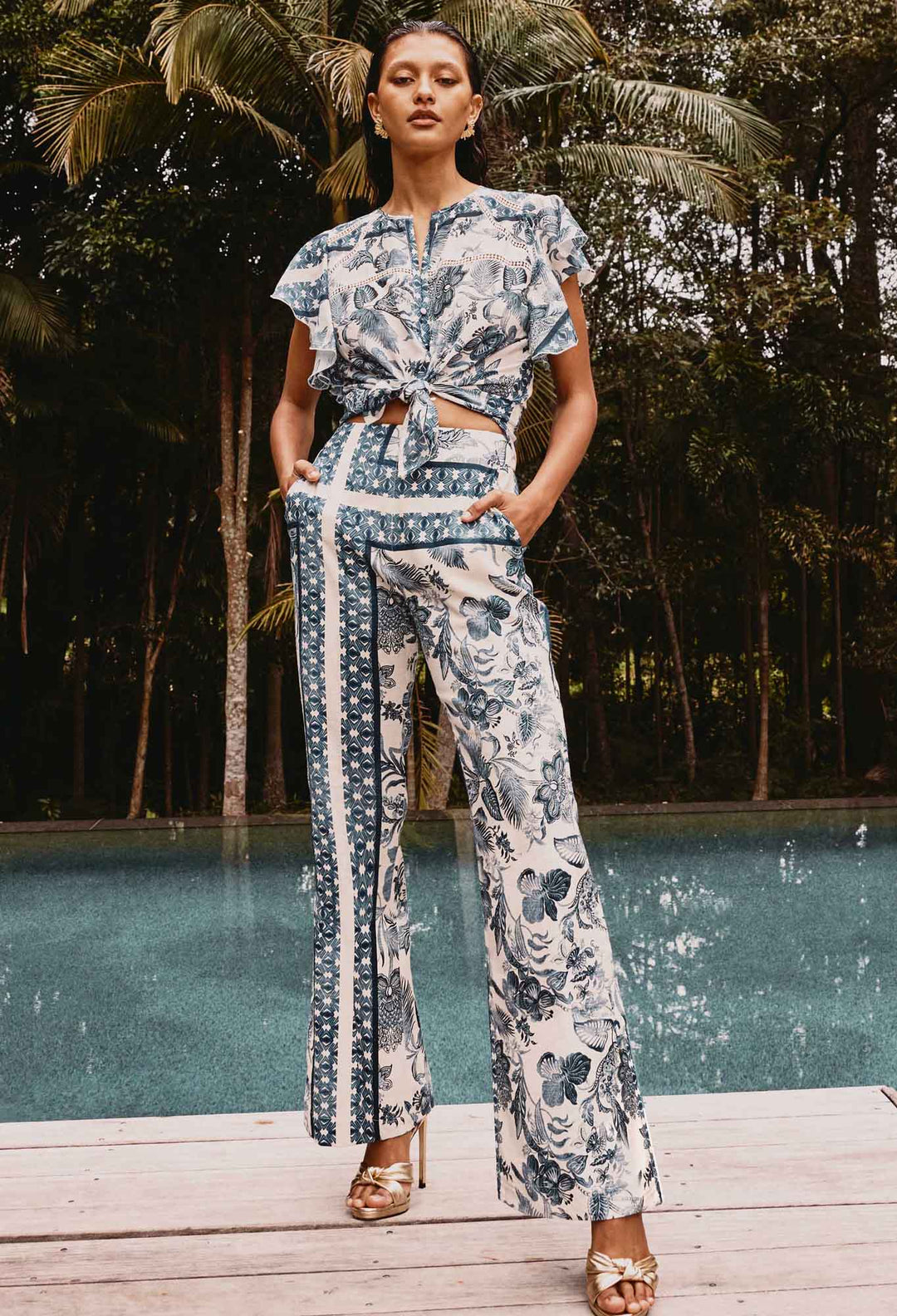 OnceWas Bahia Stretch Linen Rayon Pant in Ink Flè Print