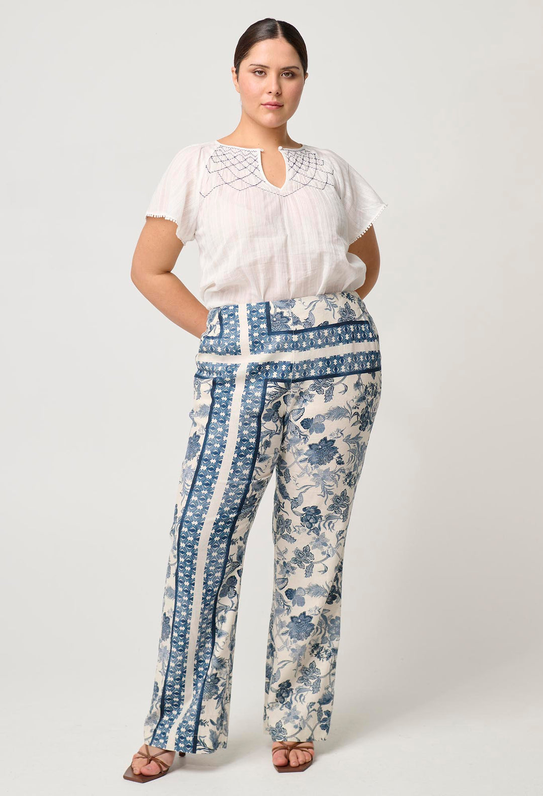 OnceWas Bahia Stretch Linen Rayon Pant in Ink Flè Print