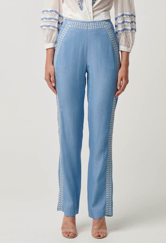 OnceWas Ophelia Tencel Embroidered Pant in Cornflower