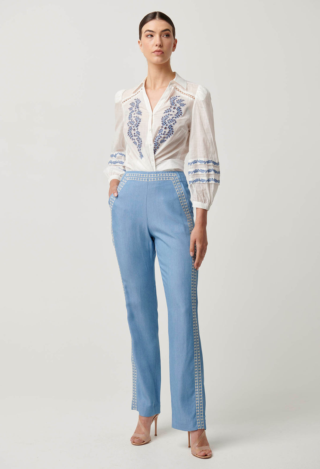 Ophelia Tencel Embroidered Pant in Cornflower