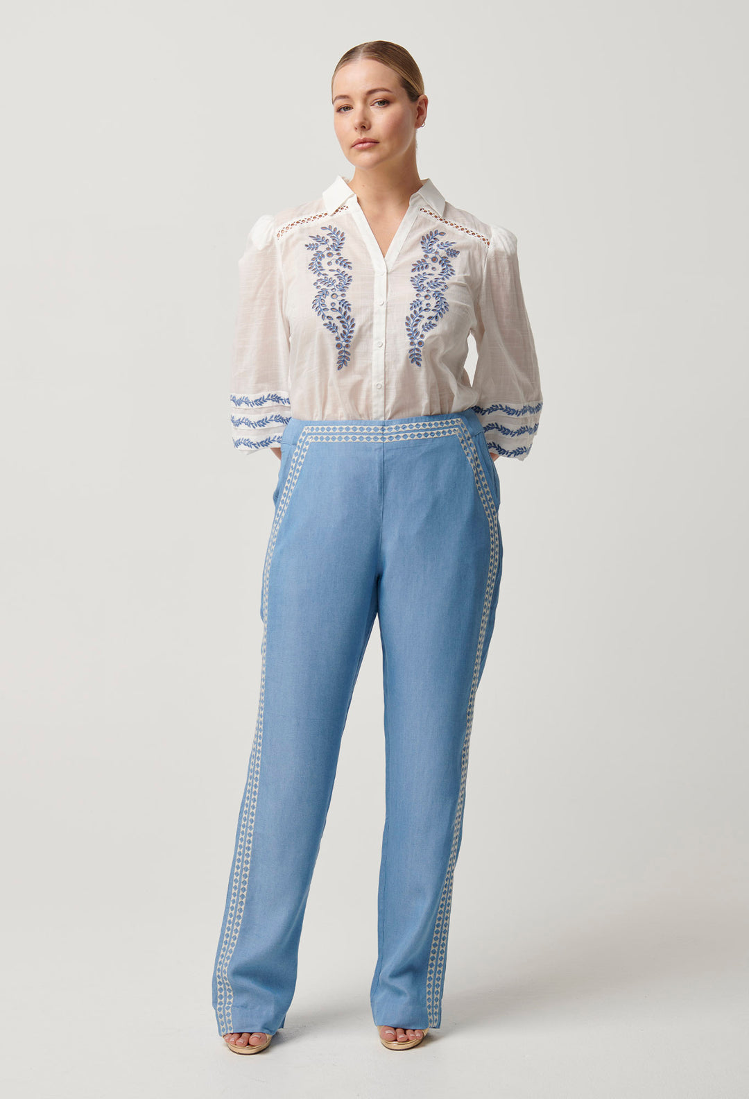 OnceWas Ophelia Tencel Embroidered Pant in Cornflower