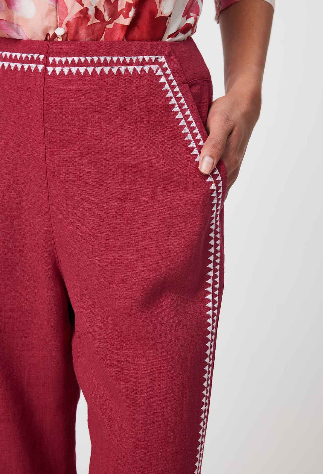 OnceWas Carlyle Embroidered Linen Viscose Pant in Crimson