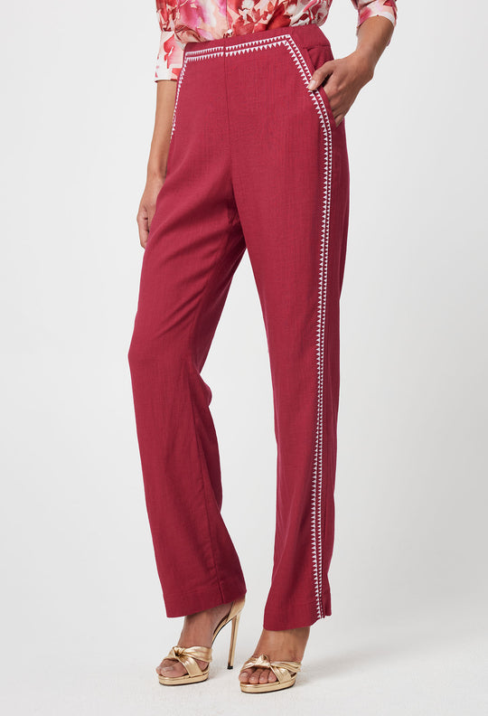 OnceWas Carlyle Embroidered Linen Viscose Pant in Crimson