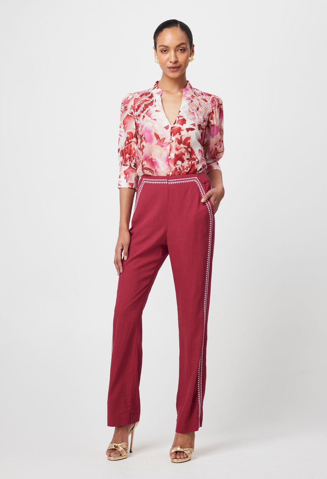 OnceWas Sanibel Embroidered Cotton Silk Top in Flamingo Flower