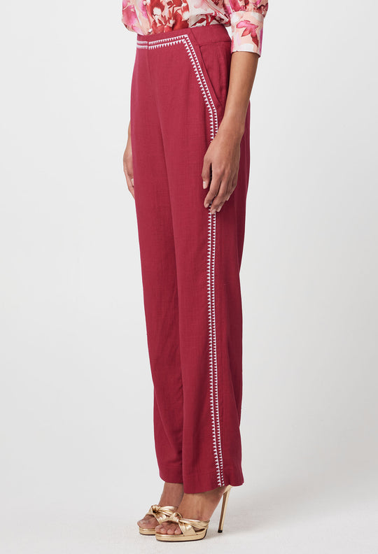 OnceWas Carlyle Embroidered Linen Viscose Pant in Crimson