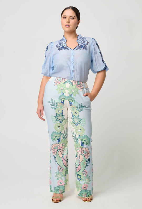 OnceWas Carlyle Stretch Linen Viscose Pant in Paradi Flè Print