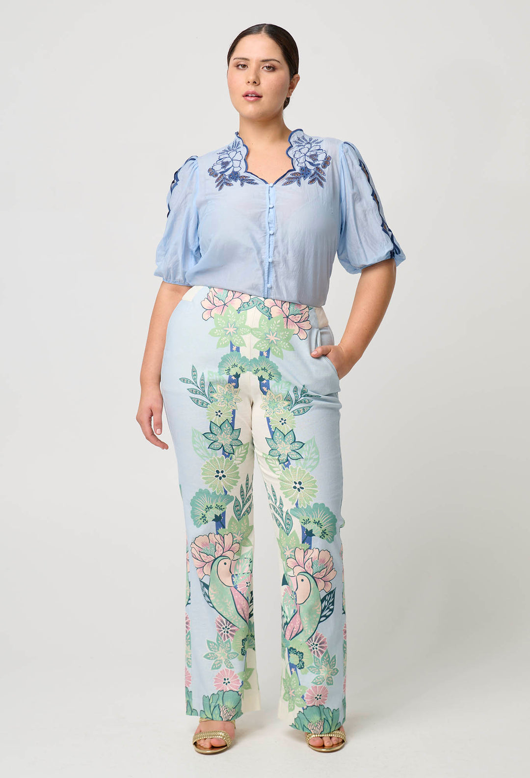 OnceWas Martinique Cotton Silk Embroidered Top in Sky