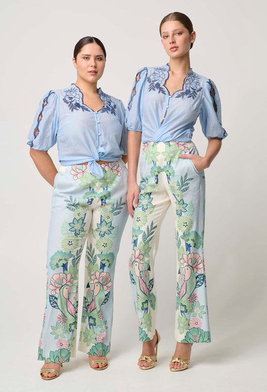OnceWas Carlyle Stretch Linen Viscose Pant in Paradi Flè Print