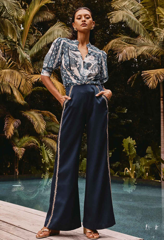 Mustique Tencel Embroidered Pant in Ink