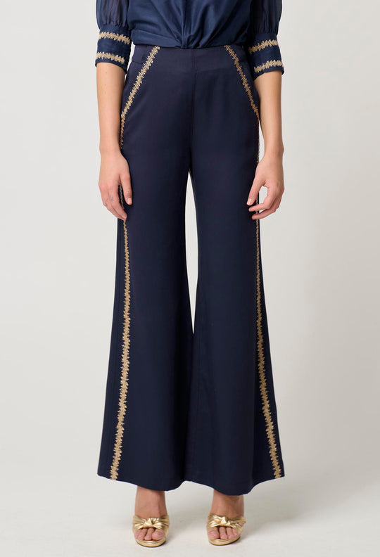 OnceWas Mustique Tencel Embroidered Pant in Ink