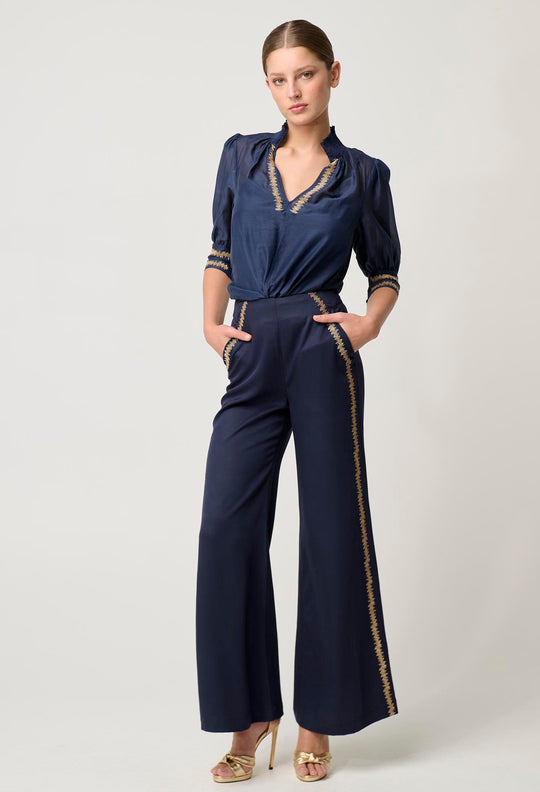 Mustique Tencel Embroidered Pant in Ink