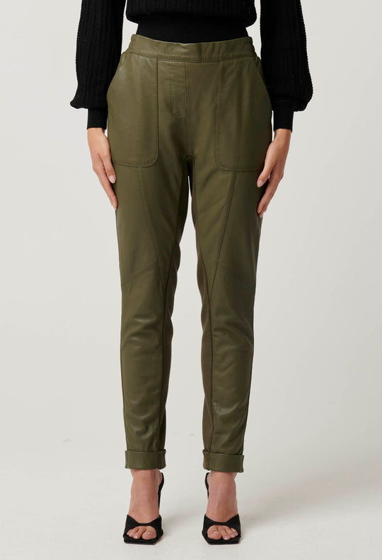 OnceWas Sylvan Leather Jogger in Moss