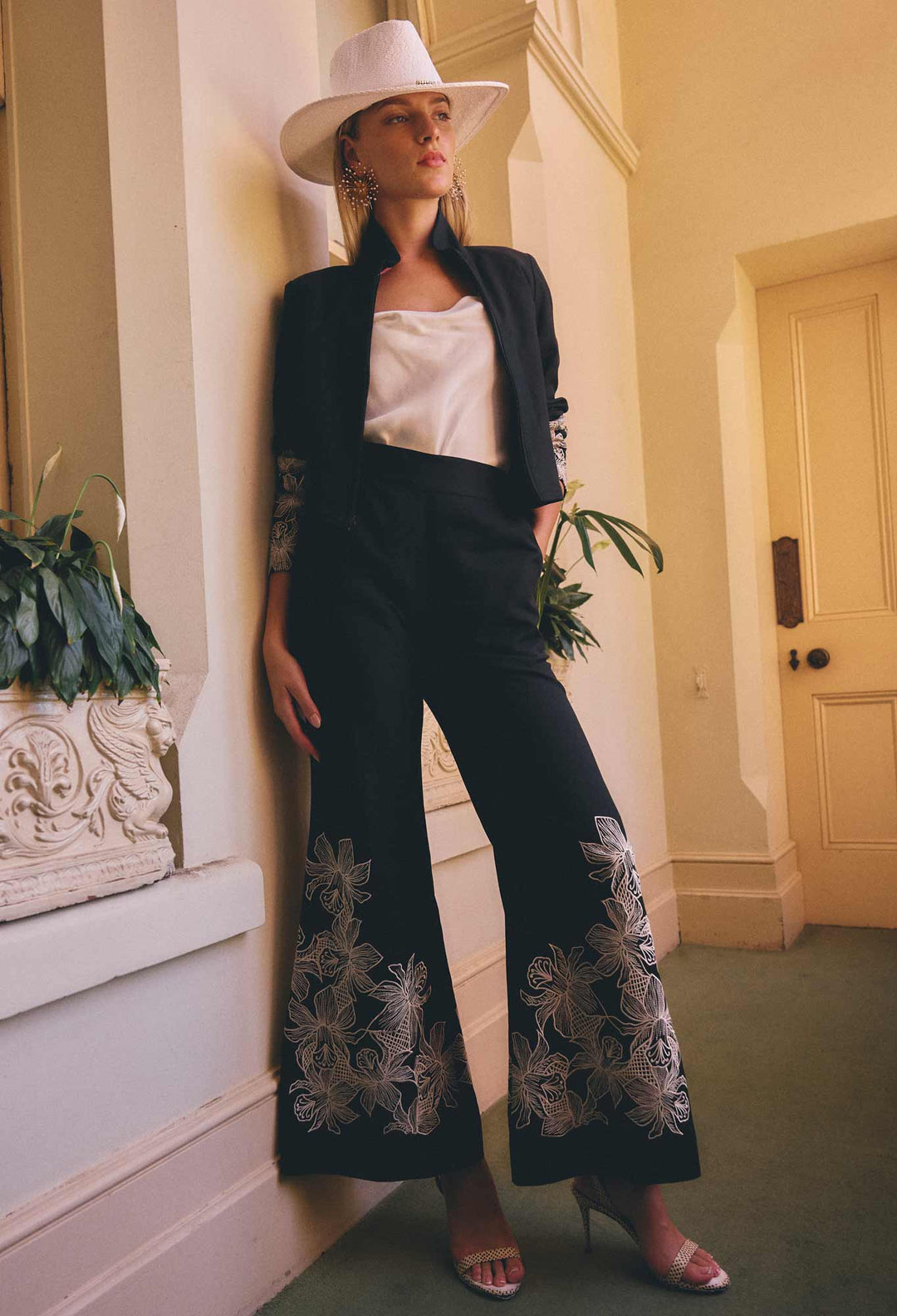 Willow Linen Viscose Embroidery Detail Pant in Black