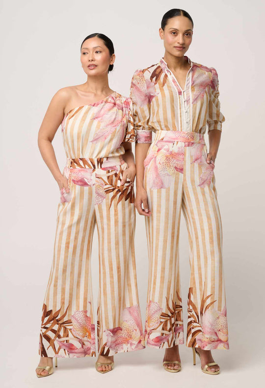 UNDER 5'4 Willow Linen Viscose Half Elastic Waist Pant in Golden Promenade