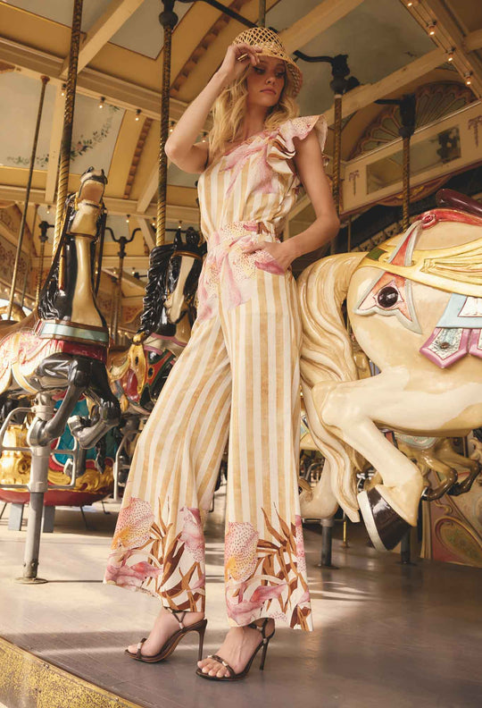 Willow Viscose Linen Elastic Waist Printed Pant in Golden Promenade
