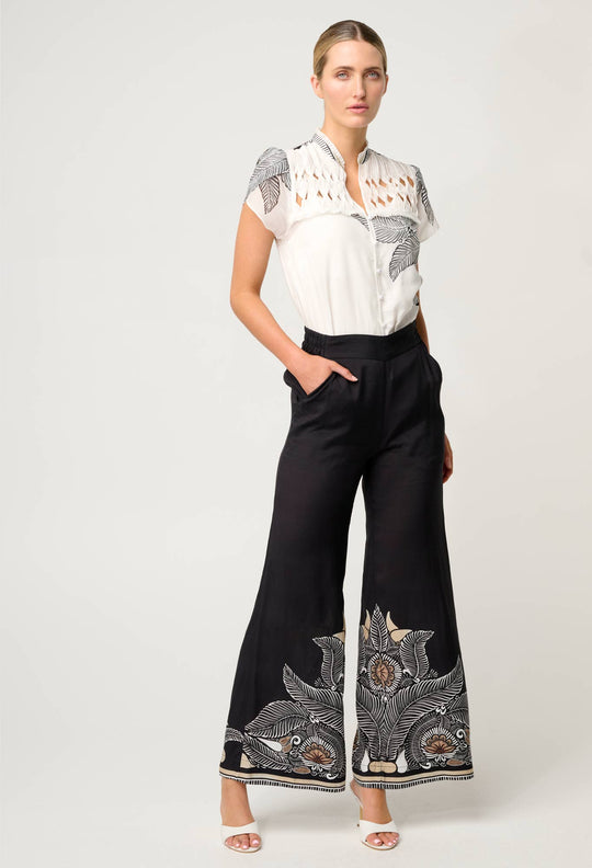 OnceWas Willow Viscose Faille Contrast Panel Pant in Onyx Casablanca