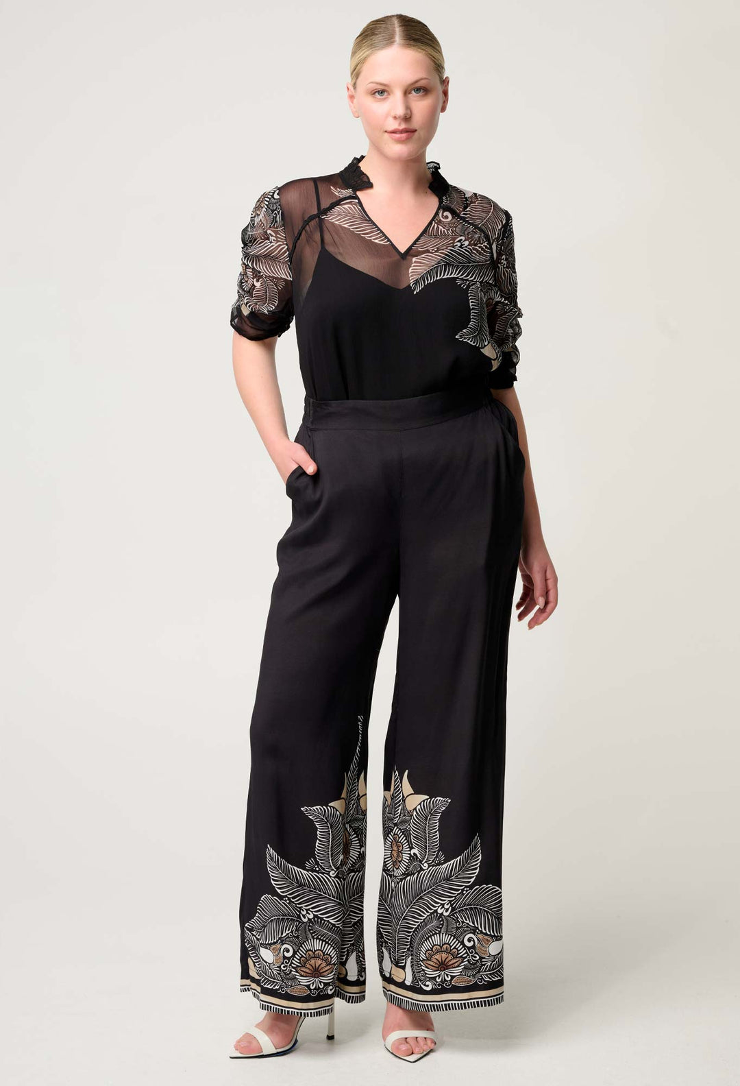 OnceWas Willow Viscose Faille Contrast Panel Pant in Onyx Casablanca