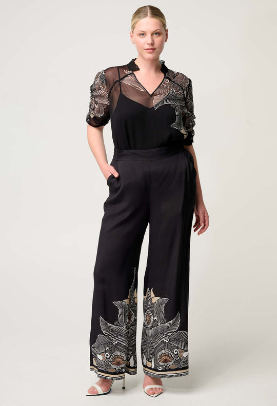 OnceWas Willow Viscose Faille Contrast Panel Pant in Onyx Casablanca