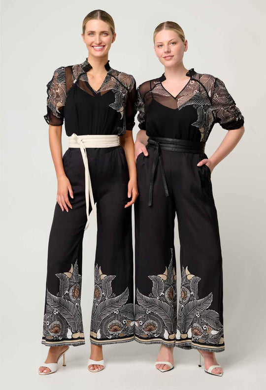 OnceWas Willow Viscose Faille Contrast Panel Pant in Onyx Casablanca