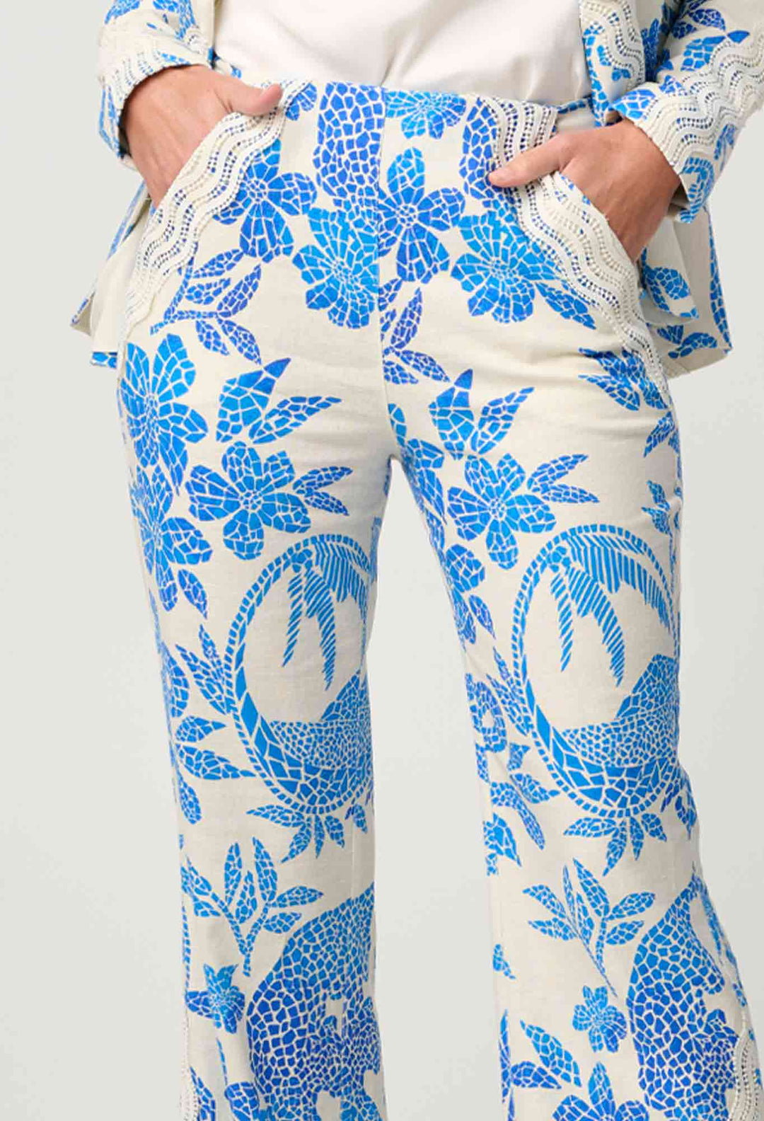 OnceWas Leandro Contrast Lace Linen Viscose Stretch Pant in Azure Mosaic