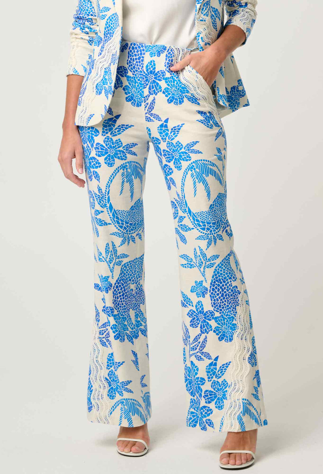 OnceWas Leandro Contrast Lace Linen Viscose Stretch Pant in Azure Mosaic