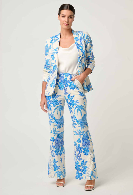 OnceWas Leandro Contrast Lace Linen Viscose Stretch Pant in Azure Mosaic